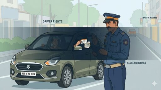 Traffic police stopping a driver and checking licence during a vehicle check in India.