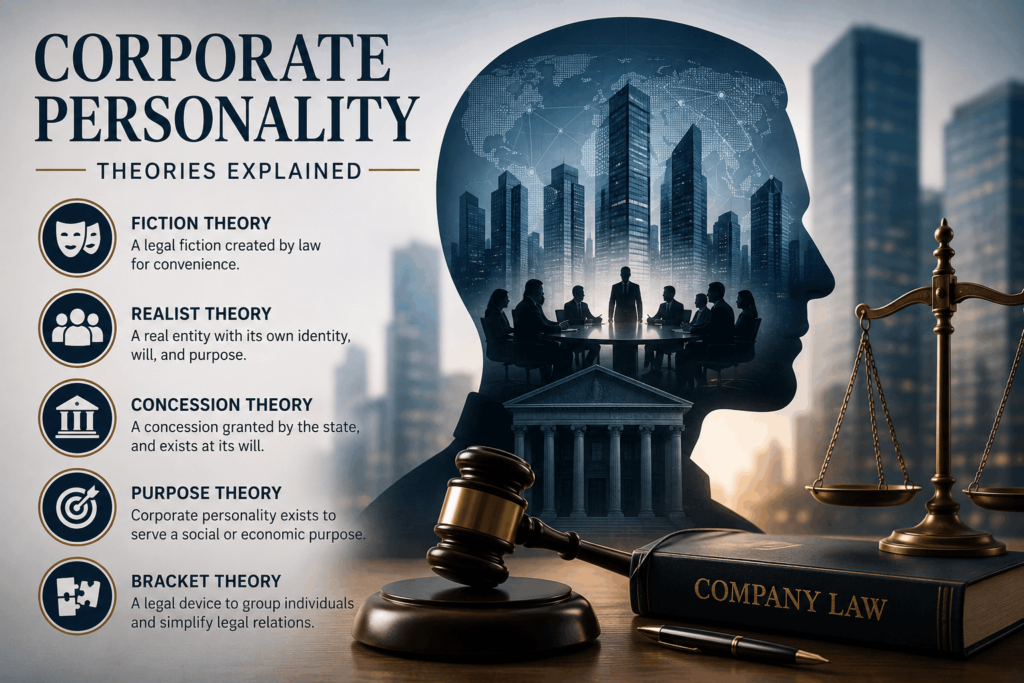 Infographic explaining corporate personality in company law, detailing the fiction, realist, concession, purpose, and bracket theories alongside legal symbols and a corporate silhouette.