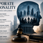 Infographic explaining corporate personality in company law, detailing the fiction, realist, concession, purpose, and bracket theories alongside legal symbols and a corporate silhouette.