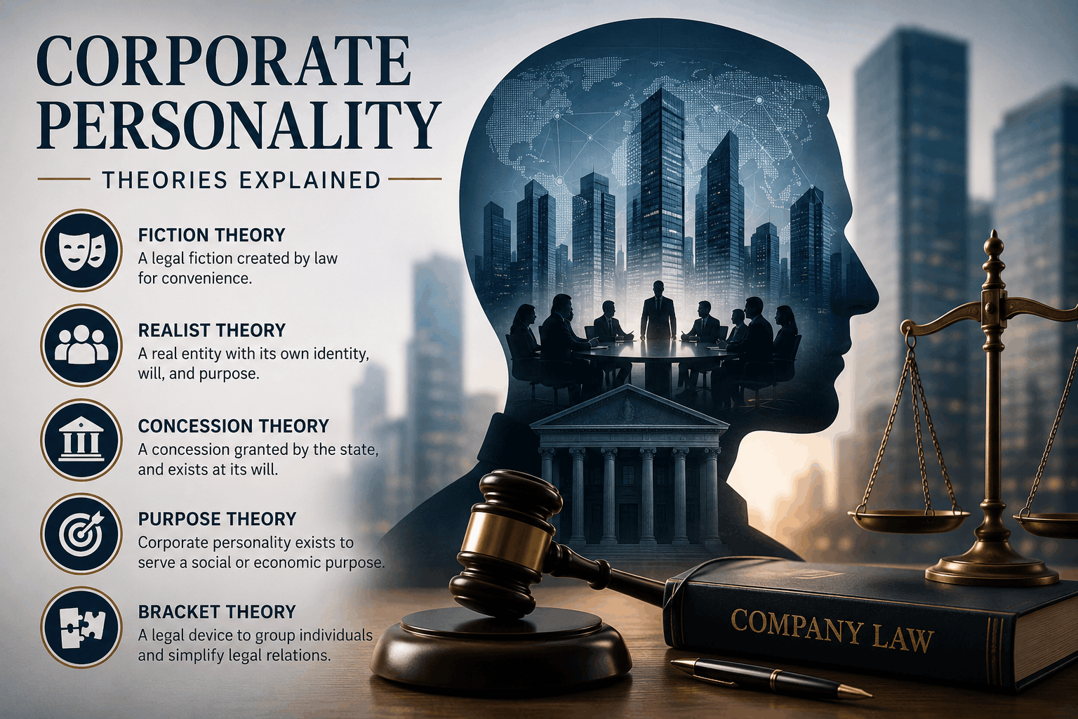 Infographic explaining corporate personality in company law, detailing the fiction, realist, concession, purpose, and bracket theories alongside legal symbols and a corporate silhouette.