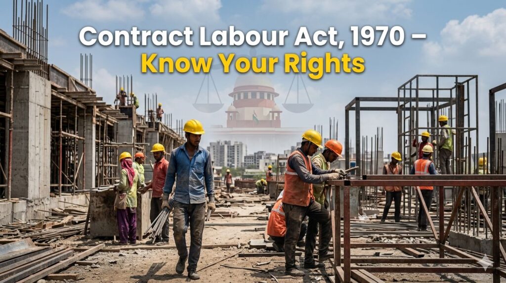Construction workers and contractors at a building site representing their rights, duties and responsibilities under the Contract Labour (Regulation and Abolition) Act, 1970