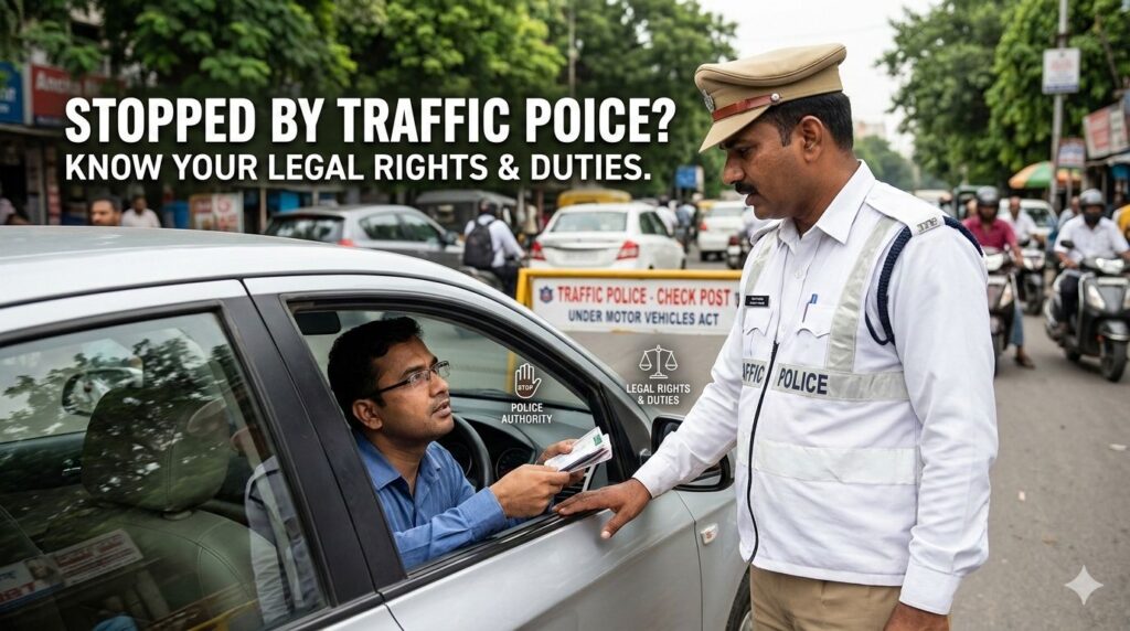 Traffic police officer stopping a vehicle in Maharashtra for document checking and traffic rule enforcement